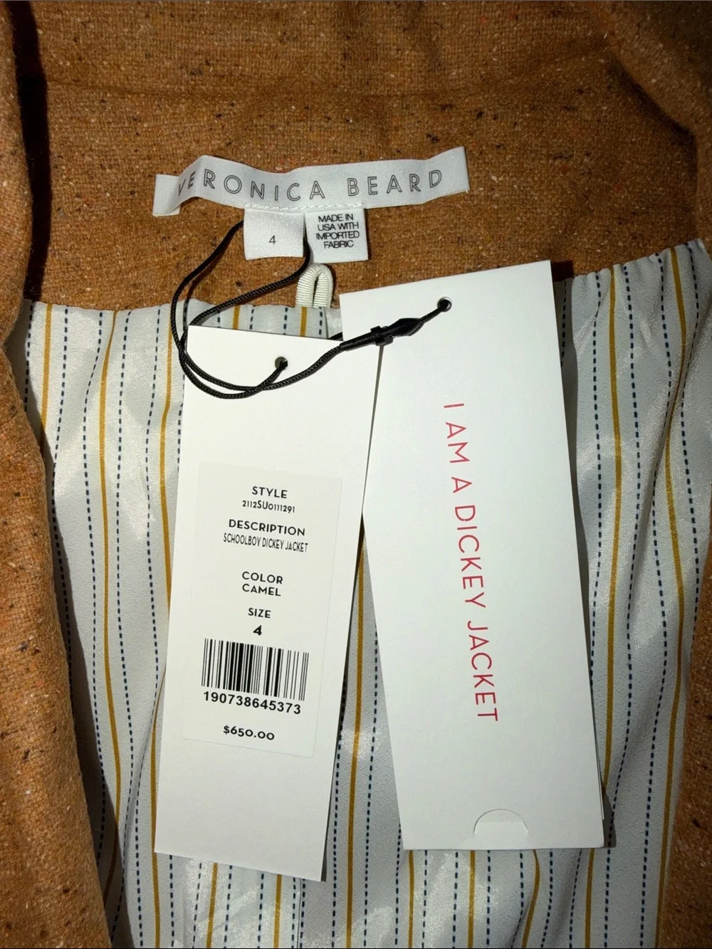 New Veronica Beard SCHOOLBOY DICKEY JACKET Camel Orange Wool Dickey Size 4